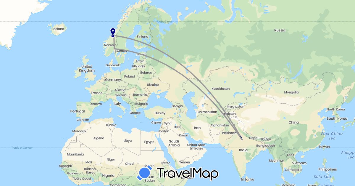 TravelMap itinerary: driving, plane in India, Norway (Asia, Europe)
